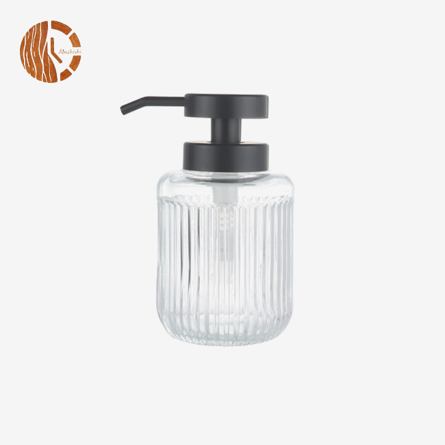 Vertical Ribbed Glass Dispenser Bottle With Black Pump